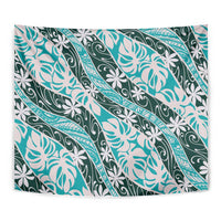 Cyan Tahiti Tiare Monstera Tapestry Polynesian Pattern Curve Style - Polynesian Pride