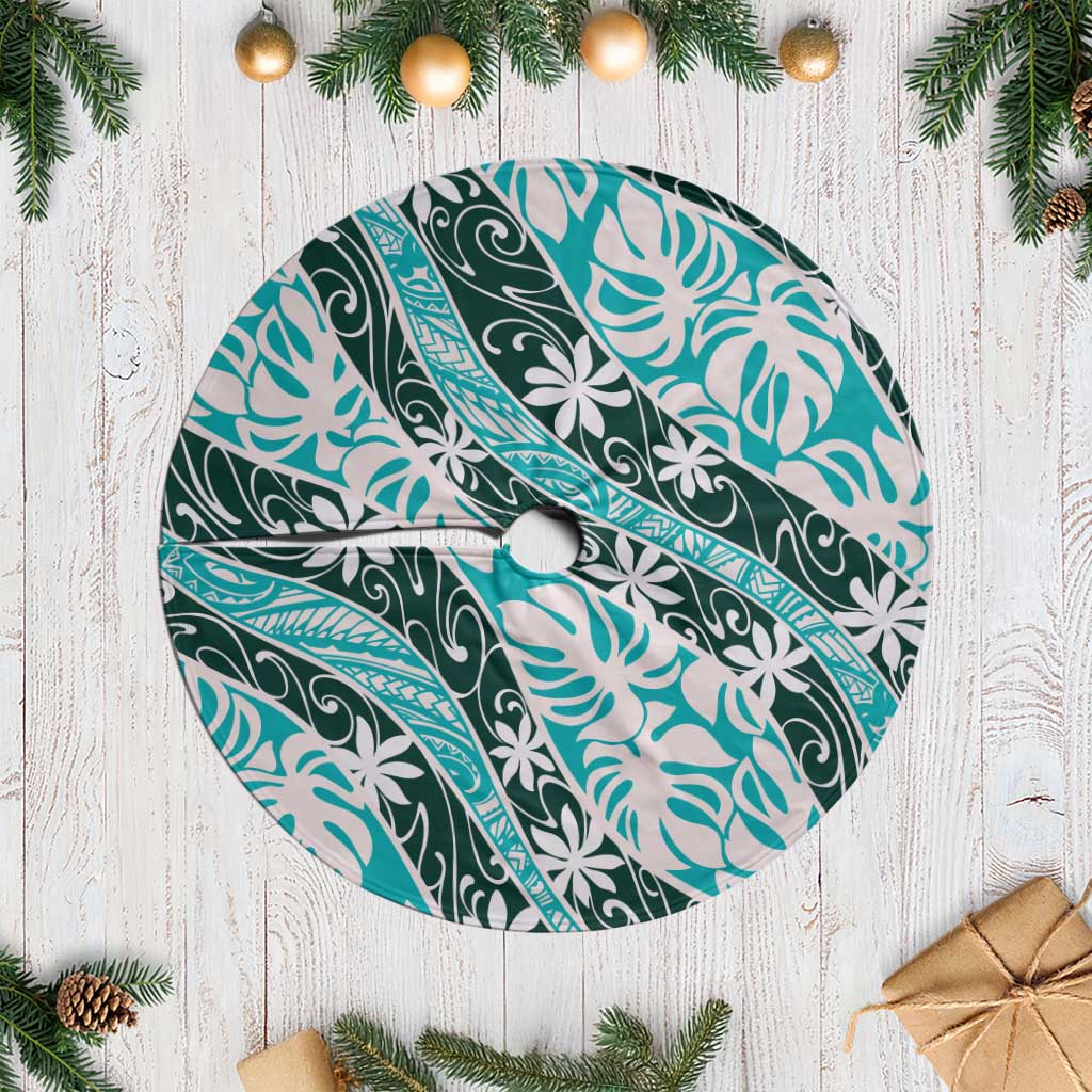 Cyan Tahiti Tiare Monstera Tree Skirt Polynesian Pattern Curve Style - Polynesian Pride