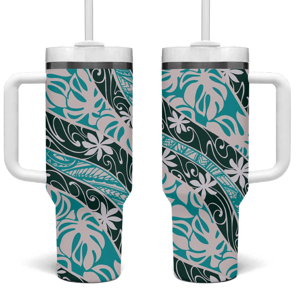 Cyan Tahiti Tiare Monstera Tumbler With Handle Polynesian Pattern Curve Style - Polynesian Pride