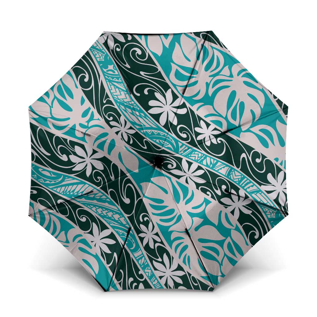 Cyan Tahiti Tiare Monstera Umbrella Polynesian Pattern Curve Style - Polynesian Pride