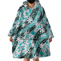 Cyan Tahiti Tiare Monstera Wearable Blanket Hoodie Polynesian Pattern Curve Style - Polynesian Pride