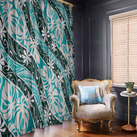 Cyan Tahiti Tiare Monstera Window Curtain Polynesian Pattern Curve Style - Polynesian Pride
