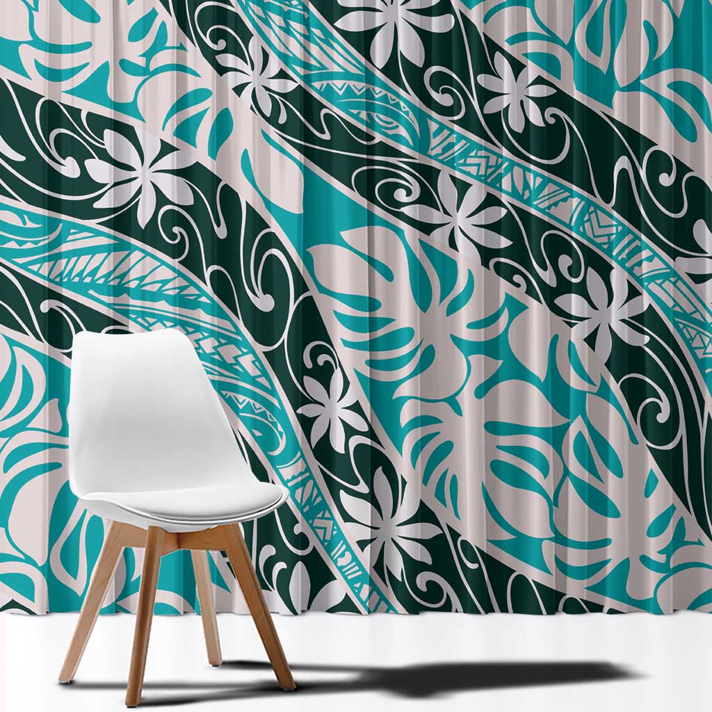 Cyan Tahiti Tiare Monstera Window Curtain Polynesian Pattern Curve Style - Polynesian Pride