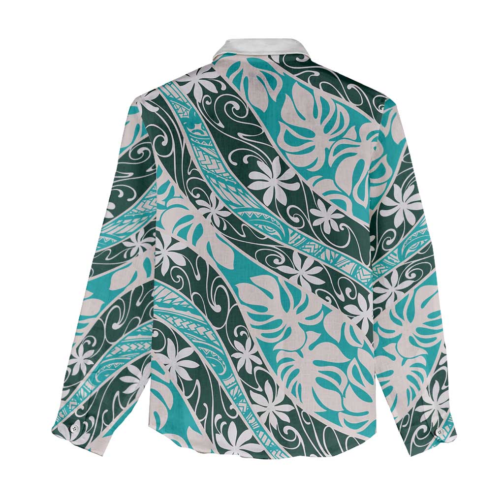 Cyan Tahiti Tiare Monstera Women Casual Shirt Polynesian Pattern Curve Style - Polynesian Pride