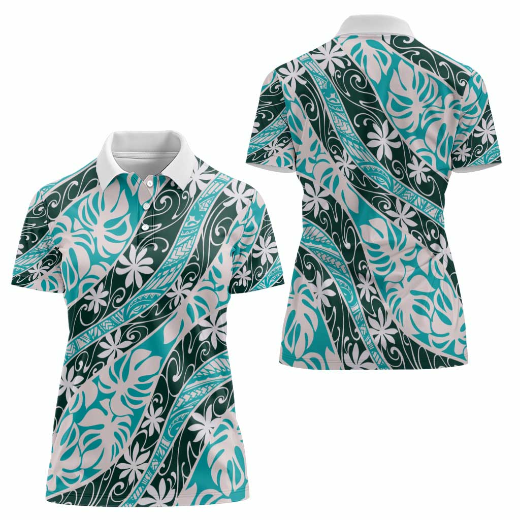 Cyan Tahiti Tiare Monstera Women Polo Shirt Polynesian Pattern Curve Style - Polynesian Pride