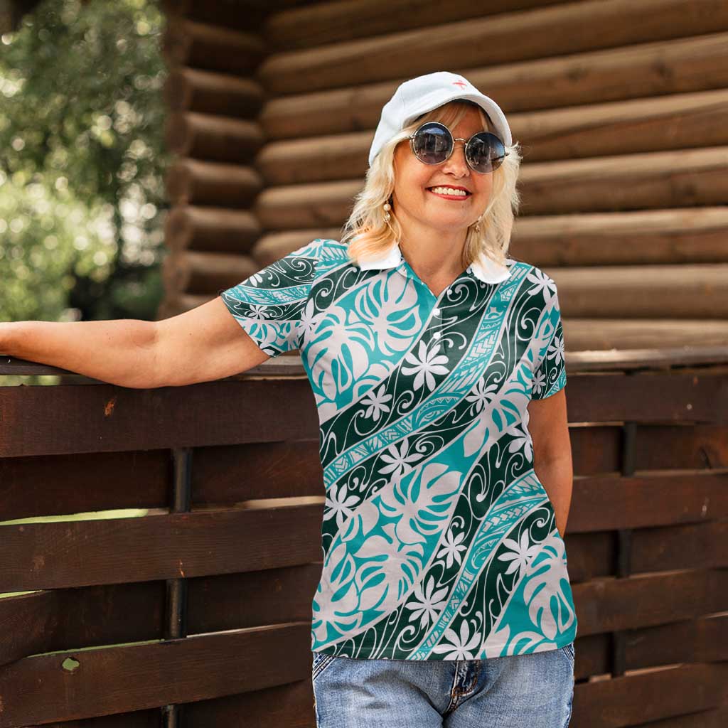 Cyan Tahiti Tiare Monstera Women Polo Shirt Polynesian Pattern Curve Style - Polynesian Pride