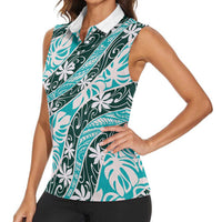 Cyan Tahiti Tiare Monstera Women Sleeveless Polo Shirt Polynesian Pattern Curve Style - Polynesian Pride