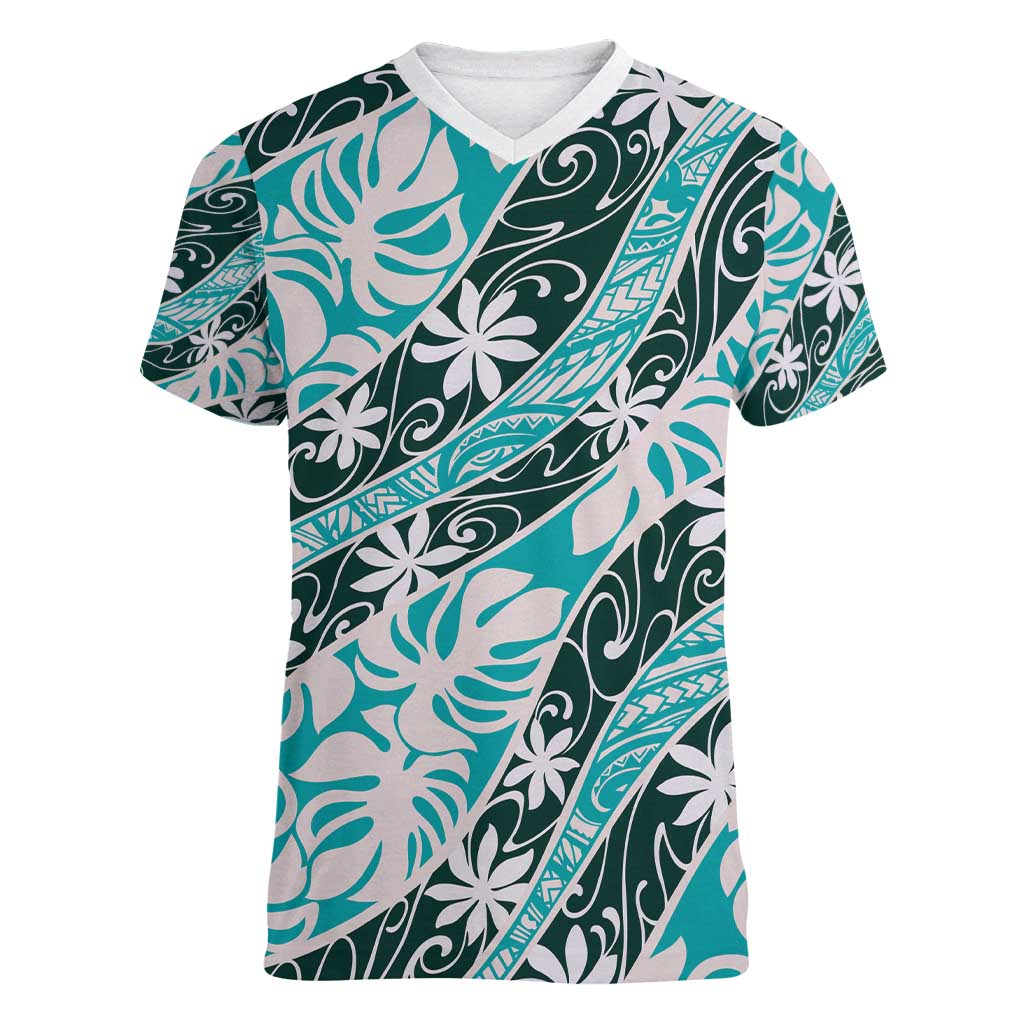 Cyan Tahiti Tiare Monstera Women V-Neck T-Shirt Polynesian Pattern Curve Style - Polynesian Pride