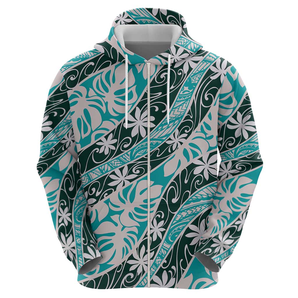 Cyan Tahiti Tiare Monstera Zip Hoodie Polynesian Pattern Curve Style - Polynesian Pride