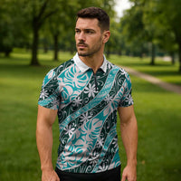 Cyan Tahiti Tiare Monstera Zipper Polo Shirt Polynesian Pattern Curve Style - Polynesian Pride
