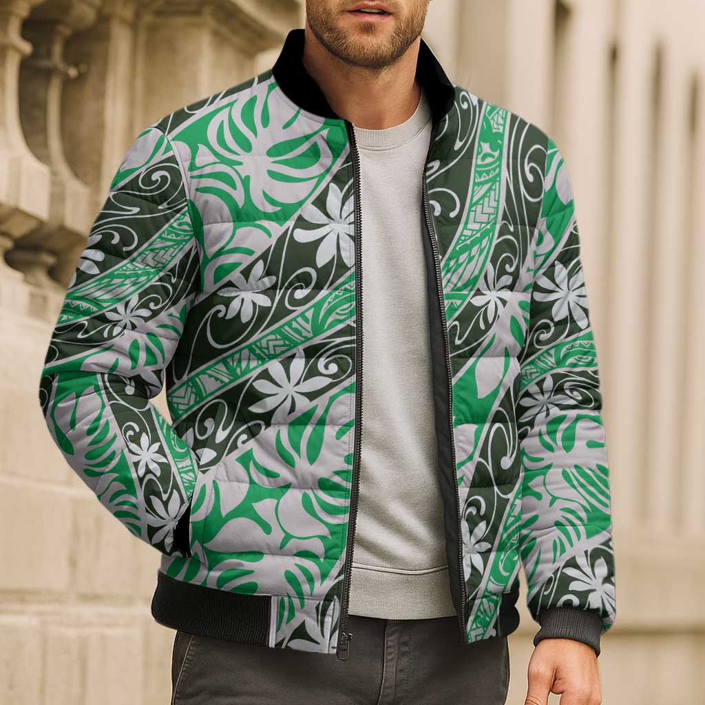Matie Tahiti Tiare Monstera Bomber Puffer Jacket Polynesian Pattern Curve Style - Polynesian Pride