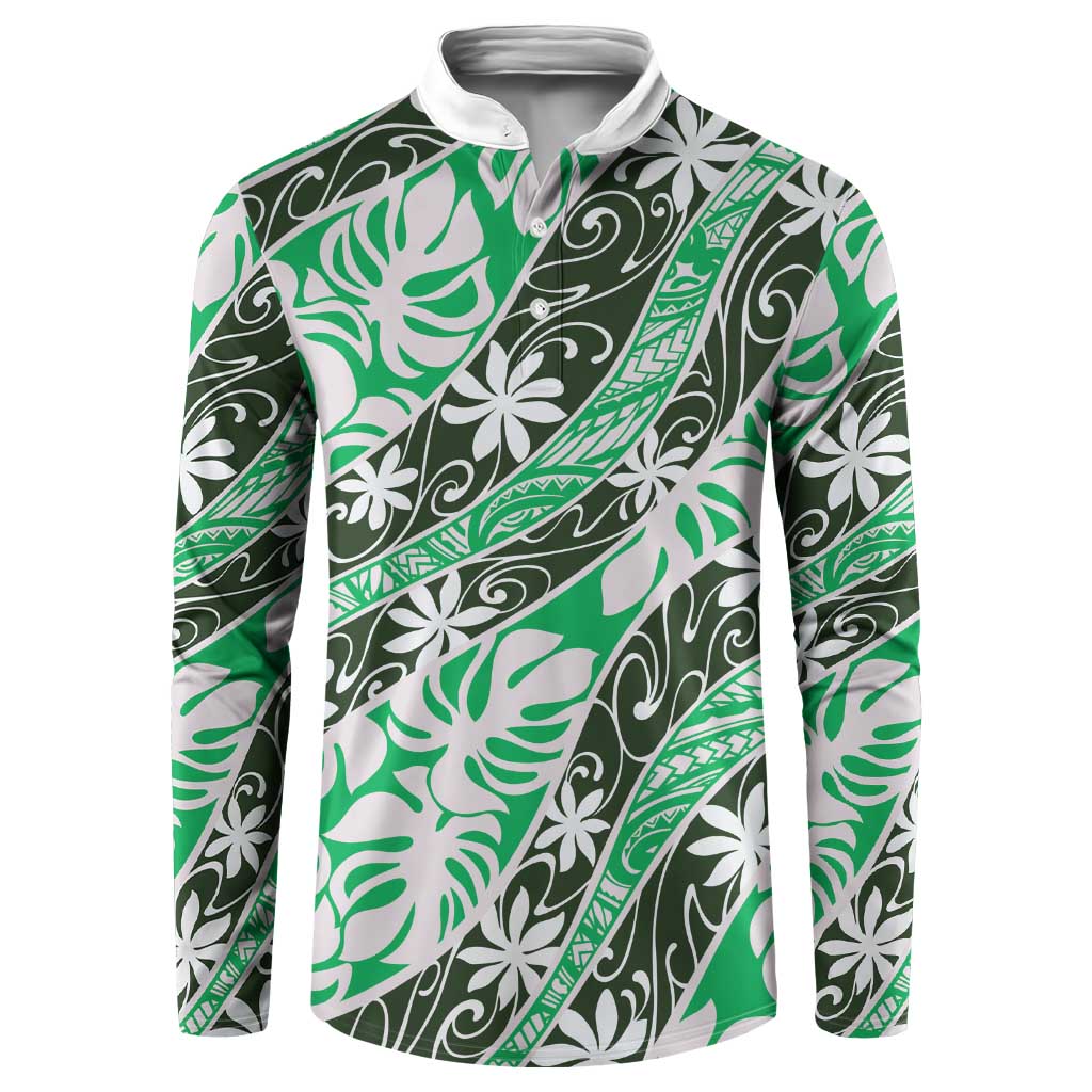 Matie Tahiti Tiare Monstera Button Sweatshirt Polynesian Pattern Curve Style - Polynesian Pride