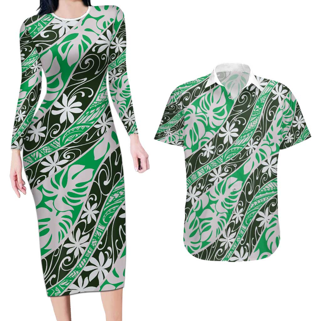 Matie Tahiti Tiare Monstera Couples Matching Long Sleeve Bodycon Dress and Hawaiian Shirt Polynesian Pattern Curve Style - Polynesian Pride