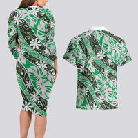 Matie Tahiti Tiare Monstera Couples Matching Long Sleeve Bodycon Dress and Hawaiian Shirt Polynesian Pattern Curve Style - Polynesian Pride