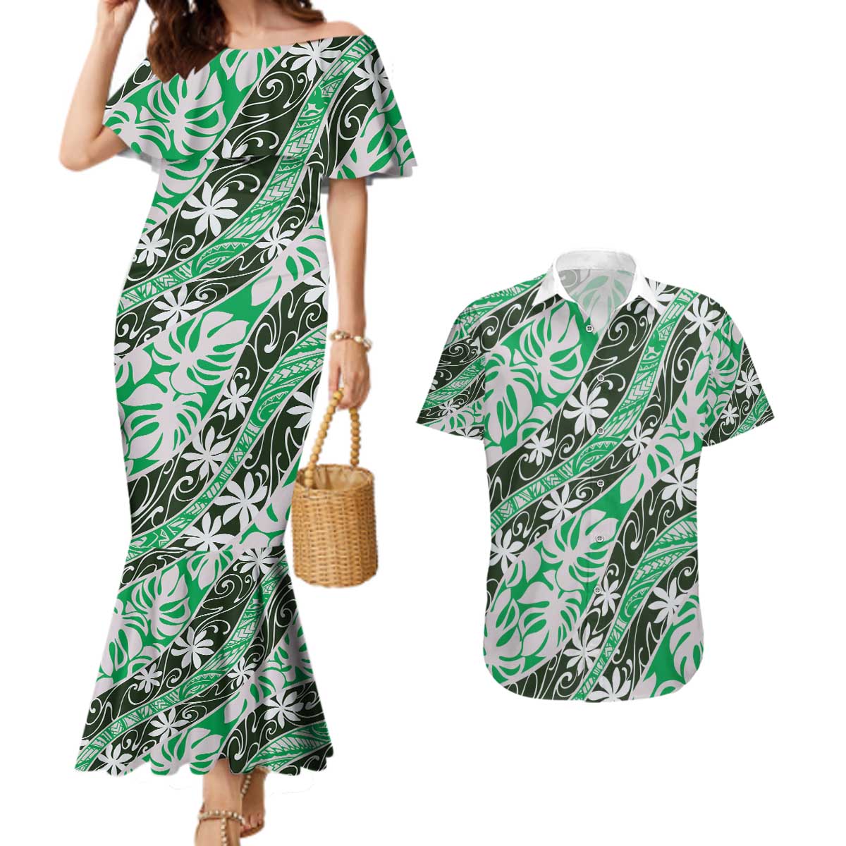 Matie Tahiti Tiare Monstera Couples Matching Mermaid Dress and Hawaiian Shirt Polynesian Pattern Curve Style - Polynesian Pride