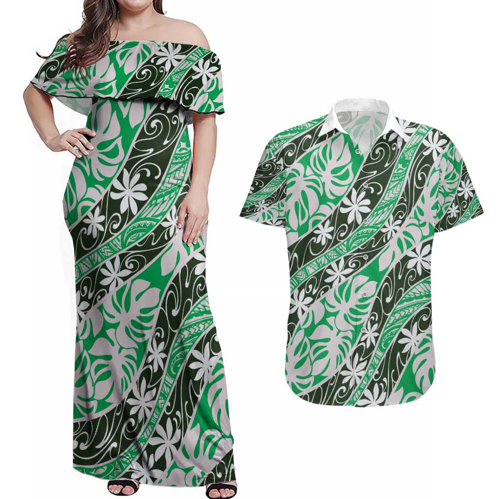 Matie Tahiti Tiare Monstera Couples Matching Off Shoulder Maxi Dress and Hawaiian Shirt Polynesian Pattern Curve Style - Polynesian Pride