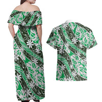 Matie Tahiti Tiare Monstera Couples Matching Off Shoulder Maxi Dress and Hawaiian Shirt Polynesian Pattern Curve Style - Polynesian Pride