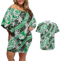 Matie Tahiti Tiare Monstera Couples Matching Off Shoulder Short Dress and Hawaiian Shirt Polynesian Pattern Curve Style - Polynesian Pride