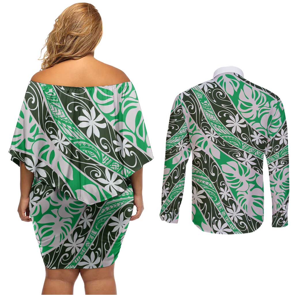 Matie Tahiti Tiare Monstera Couples Matching Off Shoulder Short Dress and Long Sleeve Button Shirt Polynesian Pattern Curve Style - Polynesian Pride