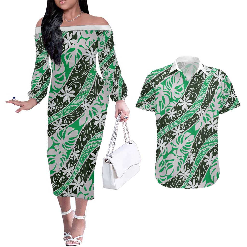 Matie Tahiti Tiare Monstera Couples Matching Off The Shoulder Long Sleeve Dress and Hawaiian Shirt Polynesian Pattern Curve Style - Polynesian Pride