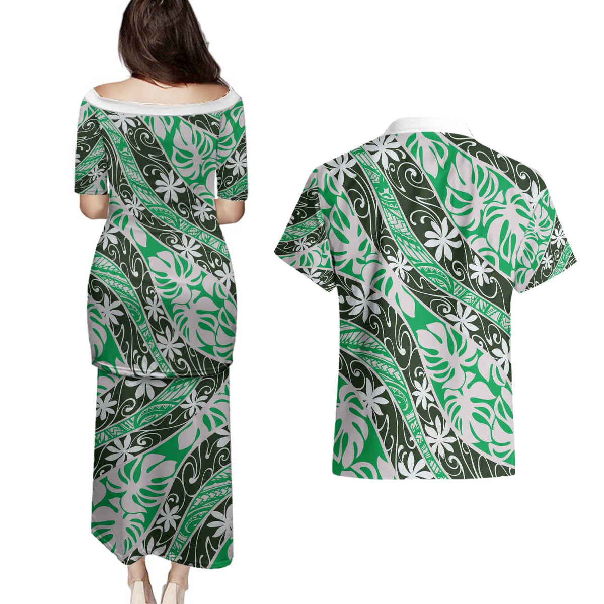 Matie Tahiti Tiare Monstera Couples Matching Puletasi and Hawaiian Shirt Polynesian Pattern Curve Style - Polynesian Pride