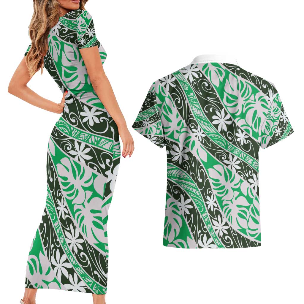 Matie Tahiti Tiare Monstera Couples Matching Short Sleeve Bodycon Dress and Hawaiian Shirt Polynesian Pattern Curve Style - Polynesian Pride