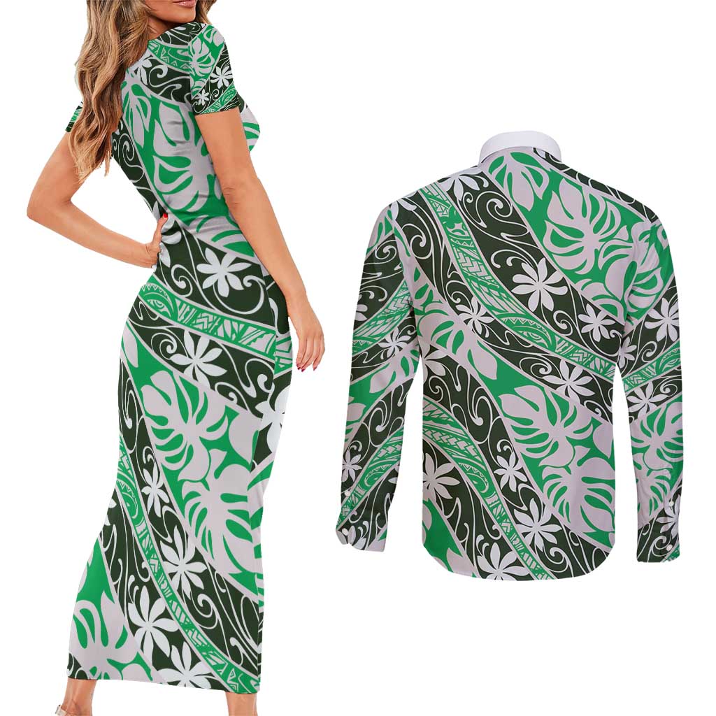 Matie Tahiti Tiare Monstera Couples Matching Short Sleeve Bodycon Dress and Long Sleeve Button Shirt Polynesian Pattern Curve Style - Polynesian Pride