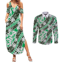Matie Tahiti Tiare Monstera Couples Matching Summer Maxi Dress and Long Sleeve Button Shirt Polynesian Pattern Curve Style - Polynesian Pride
