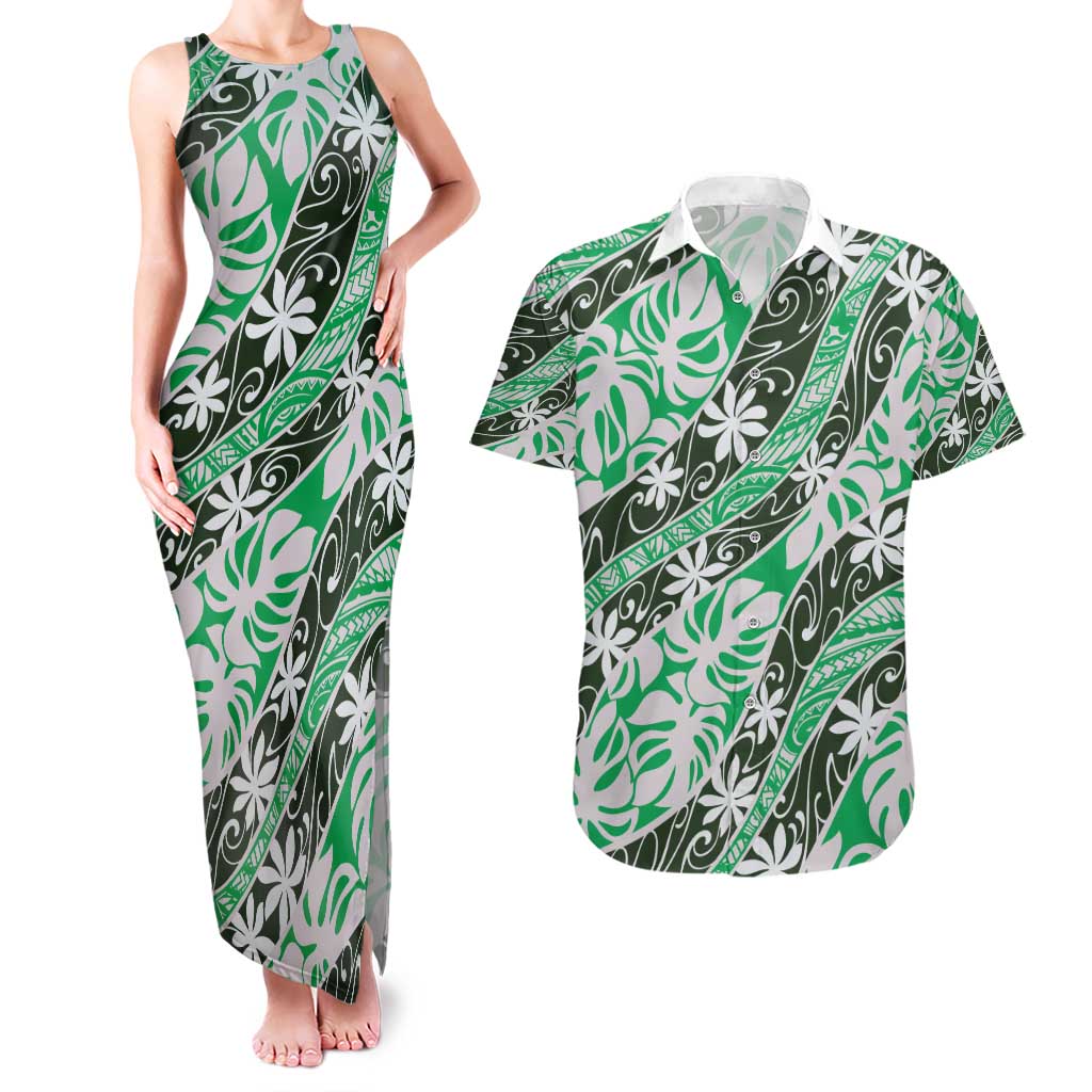 Matie Tahiti Tiare Monstera Couples Matching Tank Maxi Dress and Hawaiian Shirt Polynesian Pattern Curve Style - Polynesian Pride