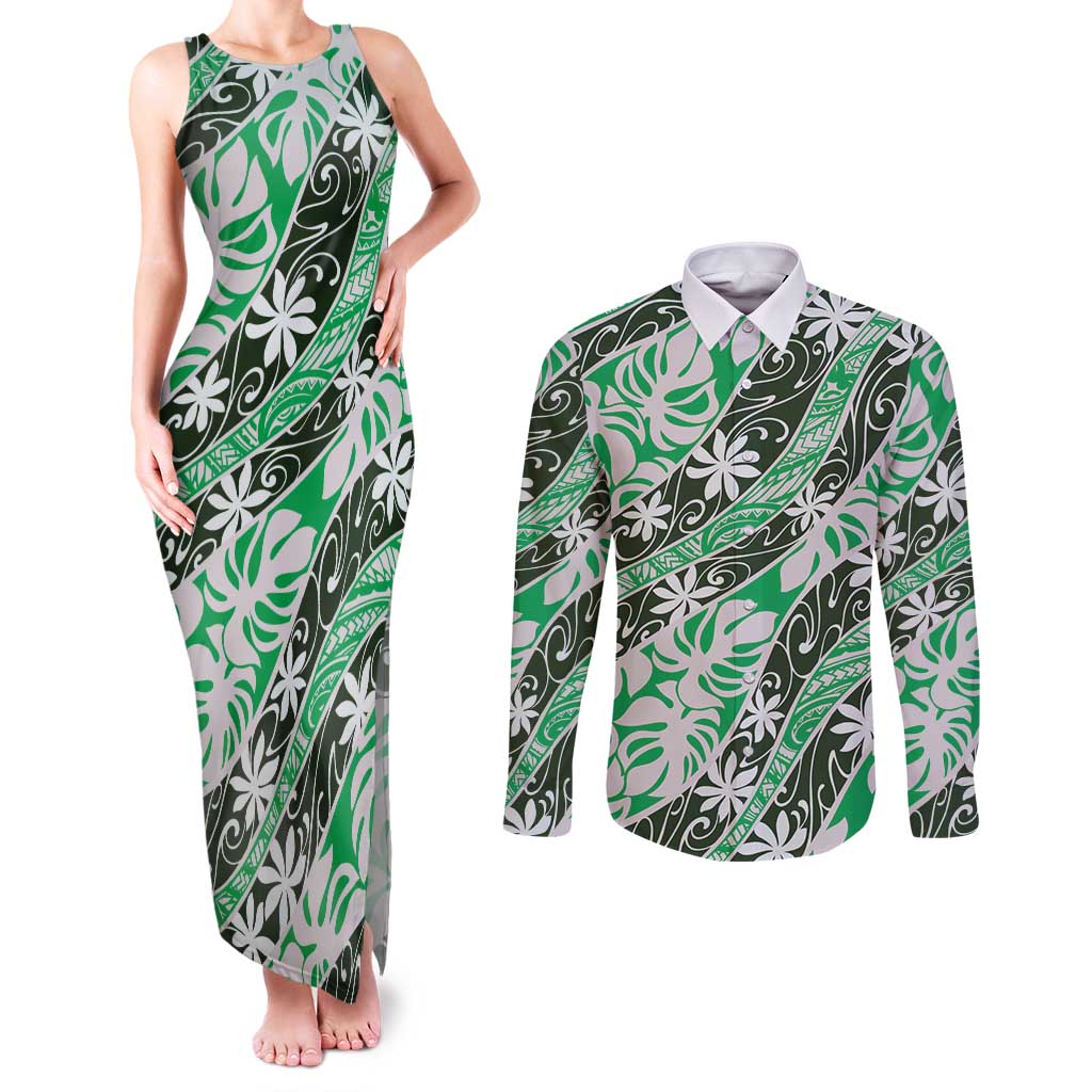 Matie Tahiti Tiare Monstera Couples Matching Tank Maxi Dress and Long Sleeve Button Shirt Polynesian Pattern Curve Style - Polynesian Pride
