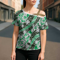 Matie Tahiti Tiare Monstera Cross Shoulder Shirt Polynesian Pattern Curve Style - Polynesian Pride