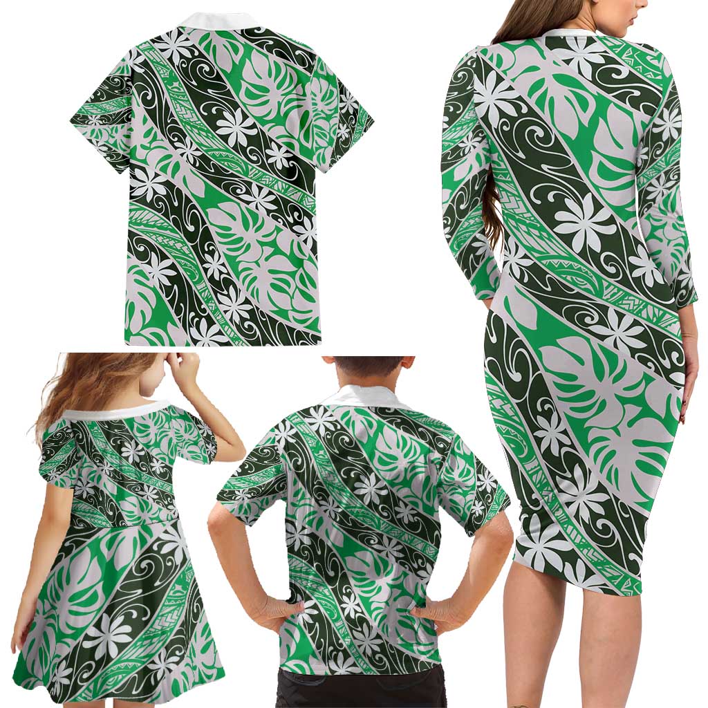 Matie Tahiti Tiare Monstera Family Matching Long Sleeve Bodycon Dress and Hawaiian Shirt Polynesian Pattern Curve Style - Polynesian Pride