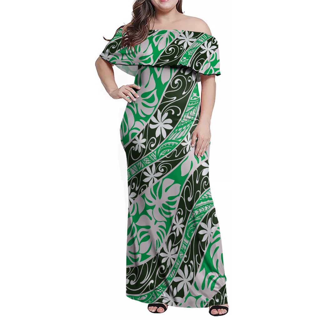 Matie Tahiti Tiare Monstera Family Matching Off Shoulder Maxi Dress and Hawaiian Shirt Polynesian Pattern Curve Style - Polynesian Pride