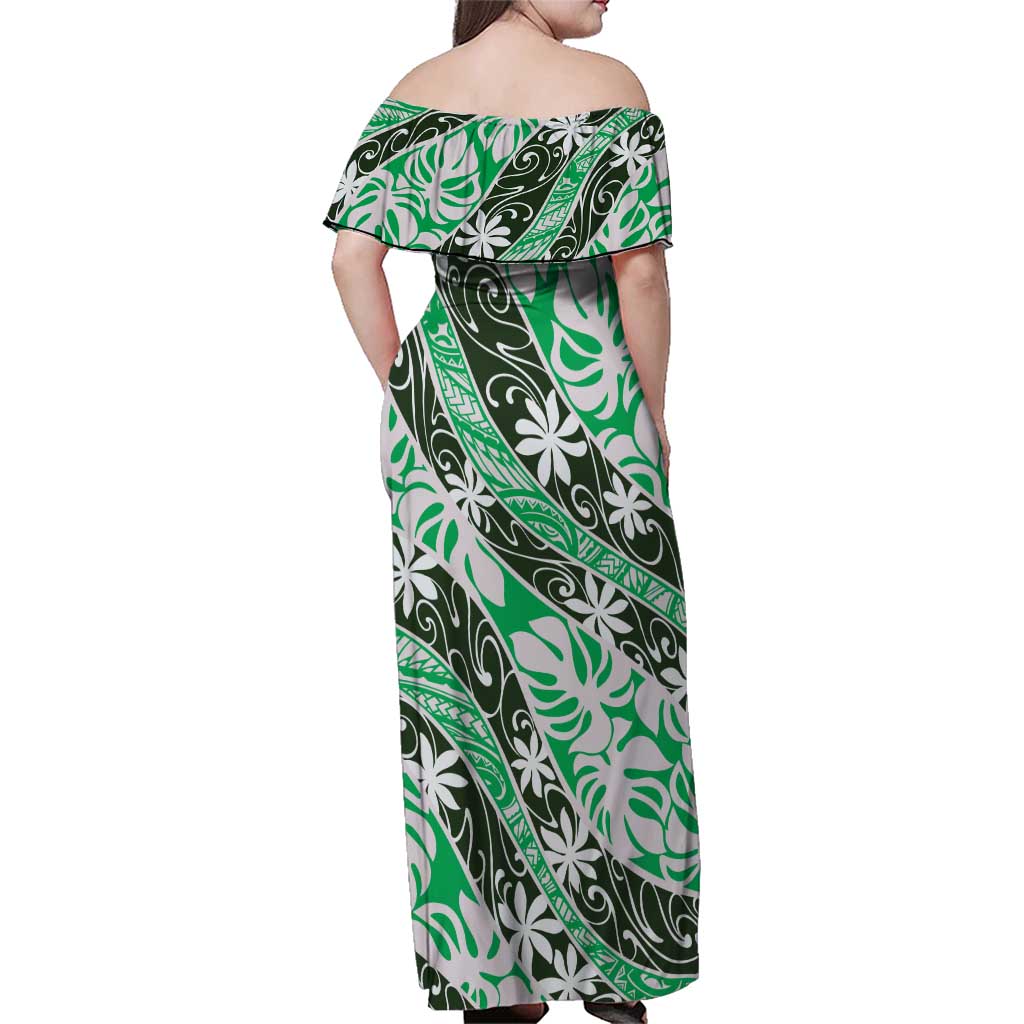 Matie Tahiti Tiare Monstera Family Matching Off Shoulder Maxi Dress and Hawaiian Shirt Polynesian Pattern Curve Style - Polynesian Pride