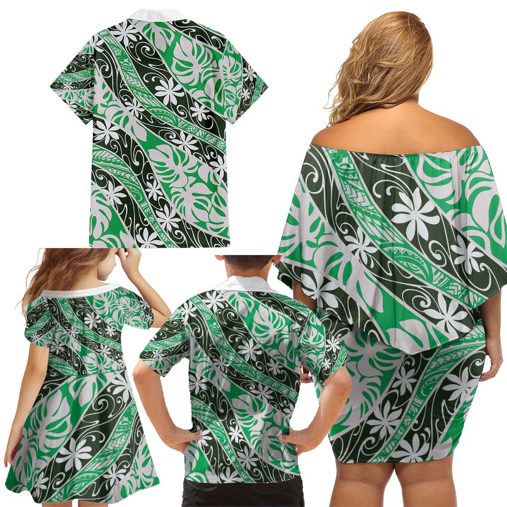 Matie Tahiti Tiare Monstera Family Matching Off Shoulder Short Dress and Hawaiian Shirt Polynesian Pattern Curve Style - Polynesian Pride