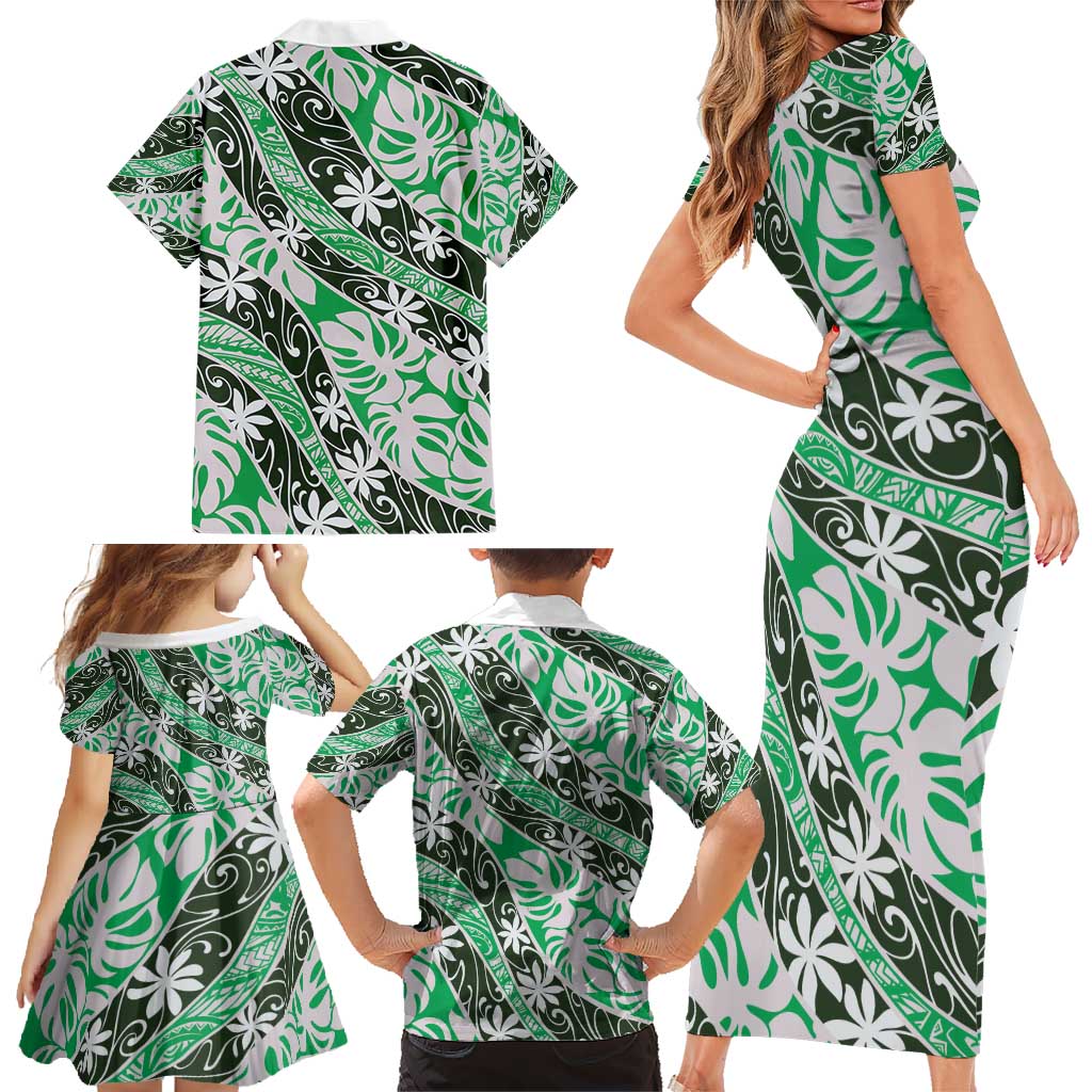 Matie Tahiti Tiare Monstera Family Matching Short Sleeve Bodycon Dress and Hawaiian Shirt Polynesian Pattern Curve Style - Polynesian Pride