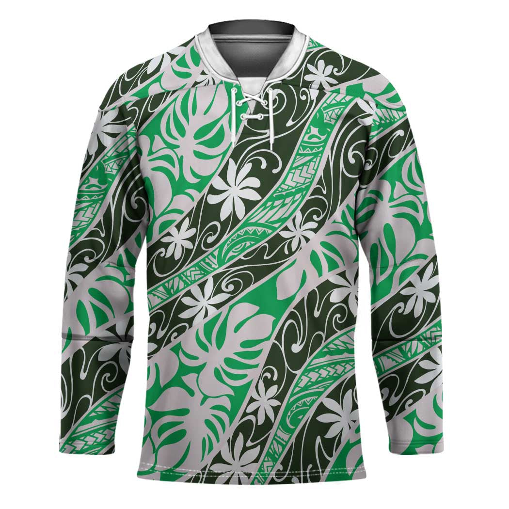 Matie Tahiti Tiare Monstera Hockey Jersey Polynesian Pattern Curve Style - Polynesian Pride