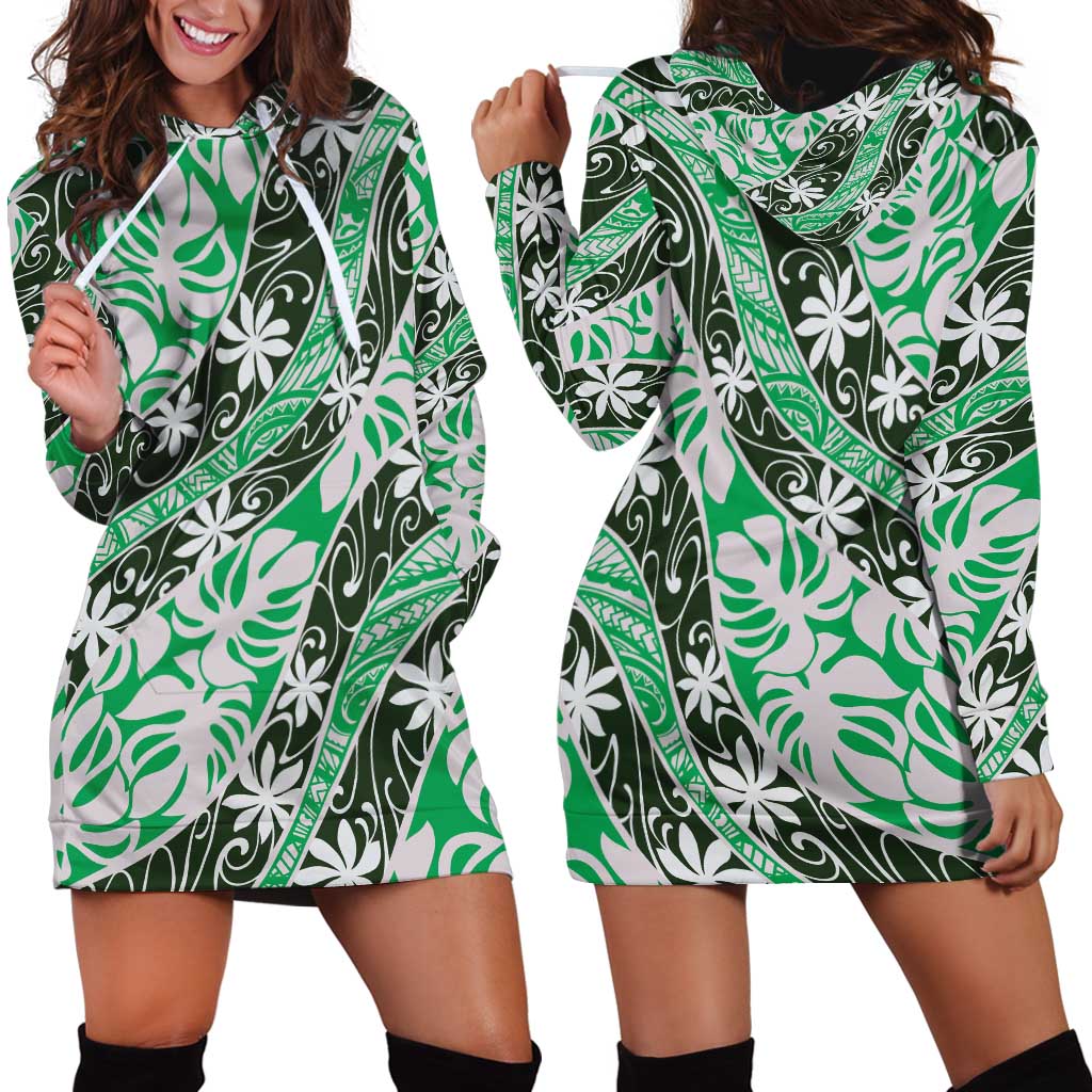 Matie Tahiti Tiare Monstera Hoodie Dress Polynesian Pattern Curve Style - Polynesian Pride
