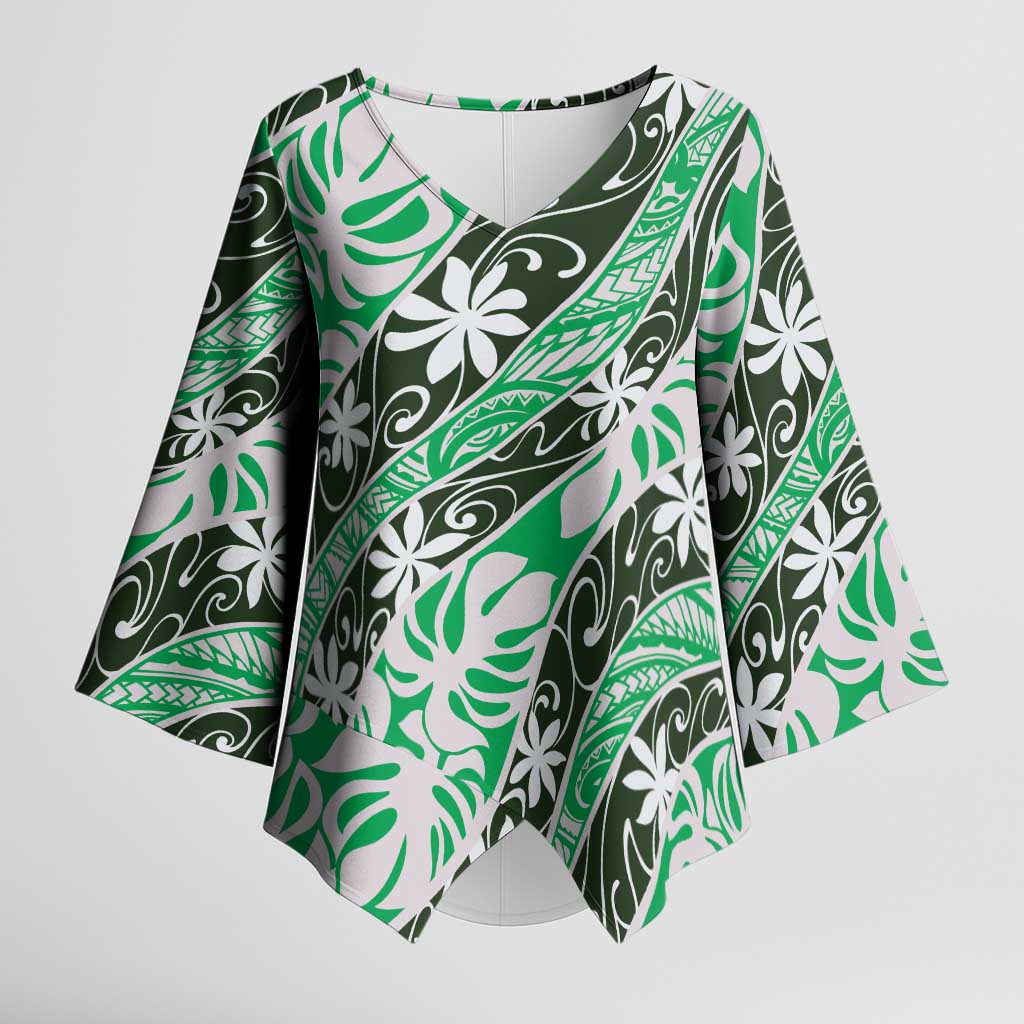 Matie Tahiti Tiare Monstera Kimono Sleeve Blouse Polynesian Pattern Curve Style - Polynesian Pride