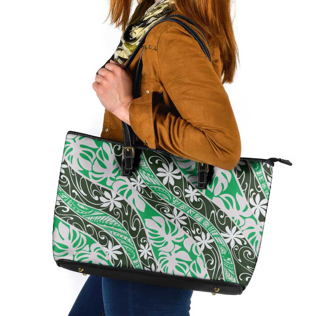 Matie Tahiti Tiare Monstera Leather Tote Bag Polynesian Pattern Curve Style - Polynesian Pride