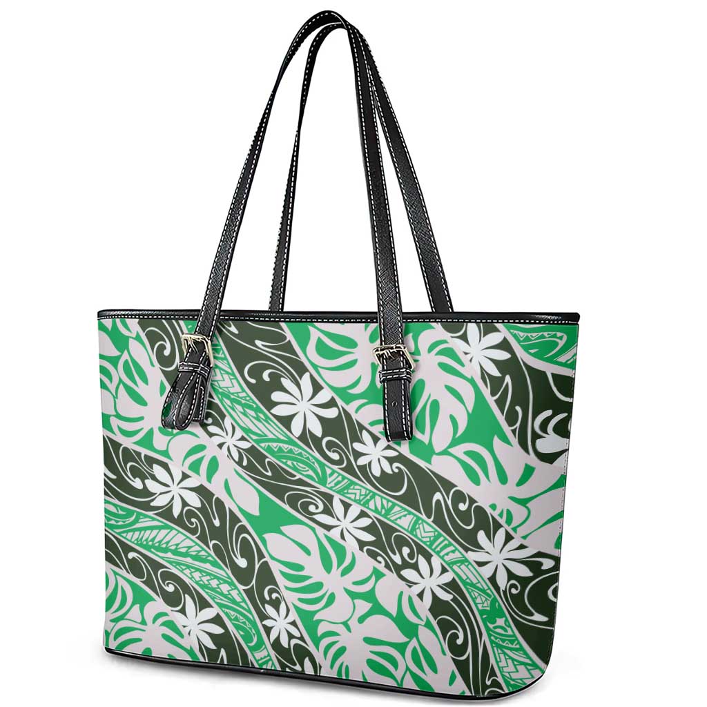 Matie Tahiti Tiare Monstera Leather Tote Bag Polynesian Pattern Curve Style - Polynesian Pride