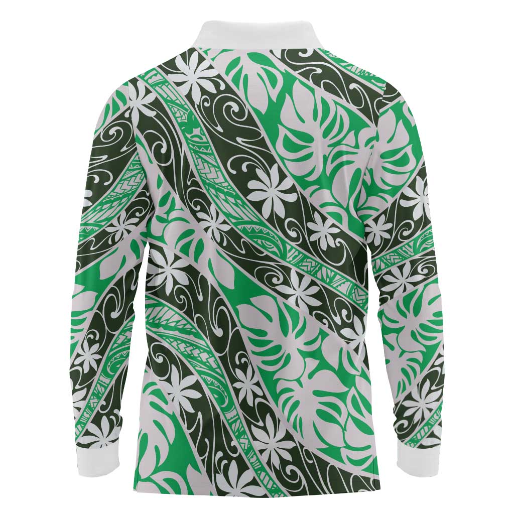 Matie Tahiti Tiare Monstera Long Sleeve Polo Shirt Polynesian Pattern Curve Style - Polynesian Pride