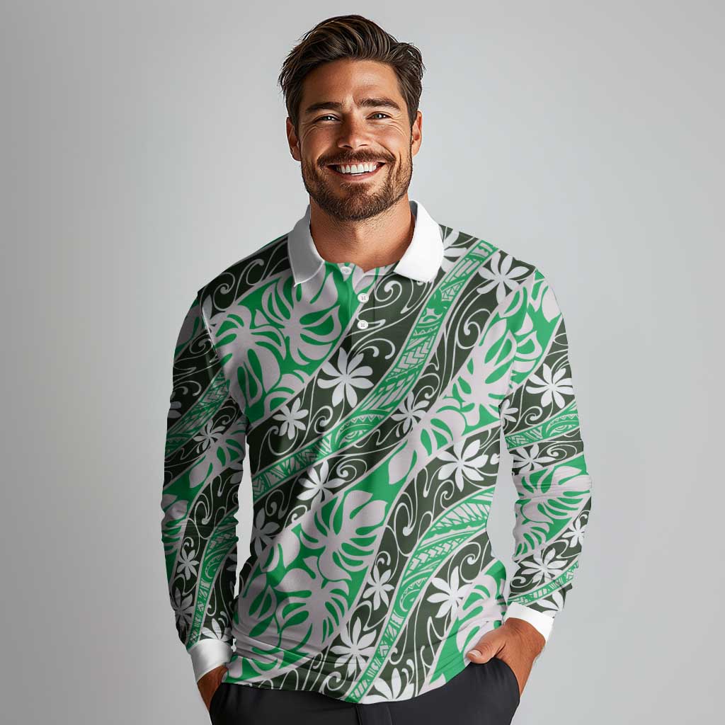 Matie Tahiti Tiare Monstera Long Sleeve Polo Shirt Polynesian Pattern Curve Style - Polynesian Pride