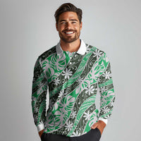 Matie Tahiti Tiare Monstera Long Sleeve Polo Shirt Polynesian Pattern Curve Style - Polynesian Pride