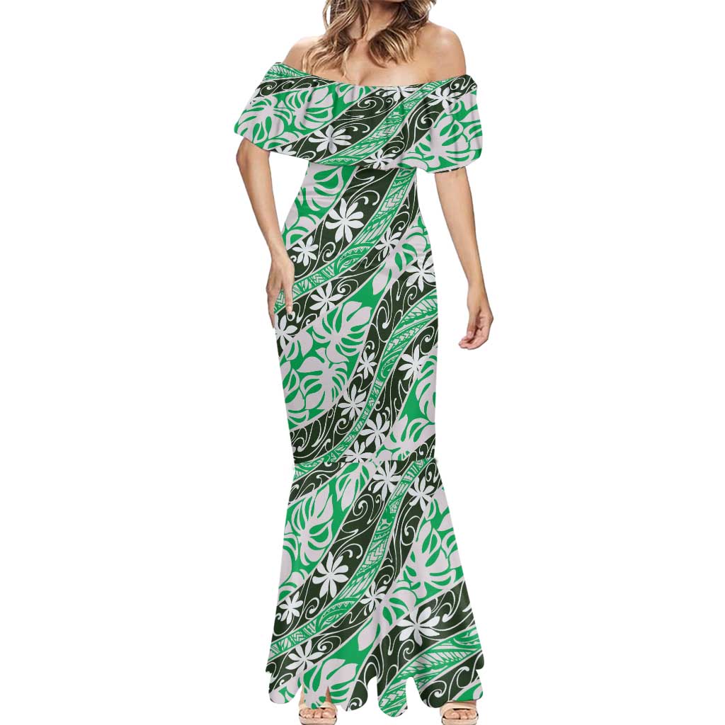 Matie Tahiti Tiare Monstera Mermaid Dress Polynesian Pattern Curve Style - Polynesian Pride