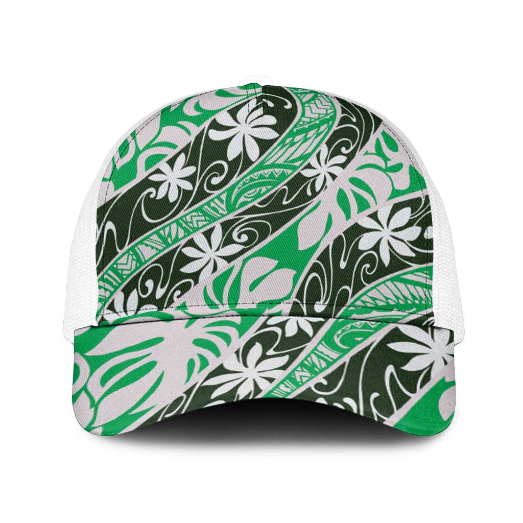 Matie Tahiti Tiare Monstera Mesh Trucker Cap Polynesian Pattern Curve Style - Polynesian Pride