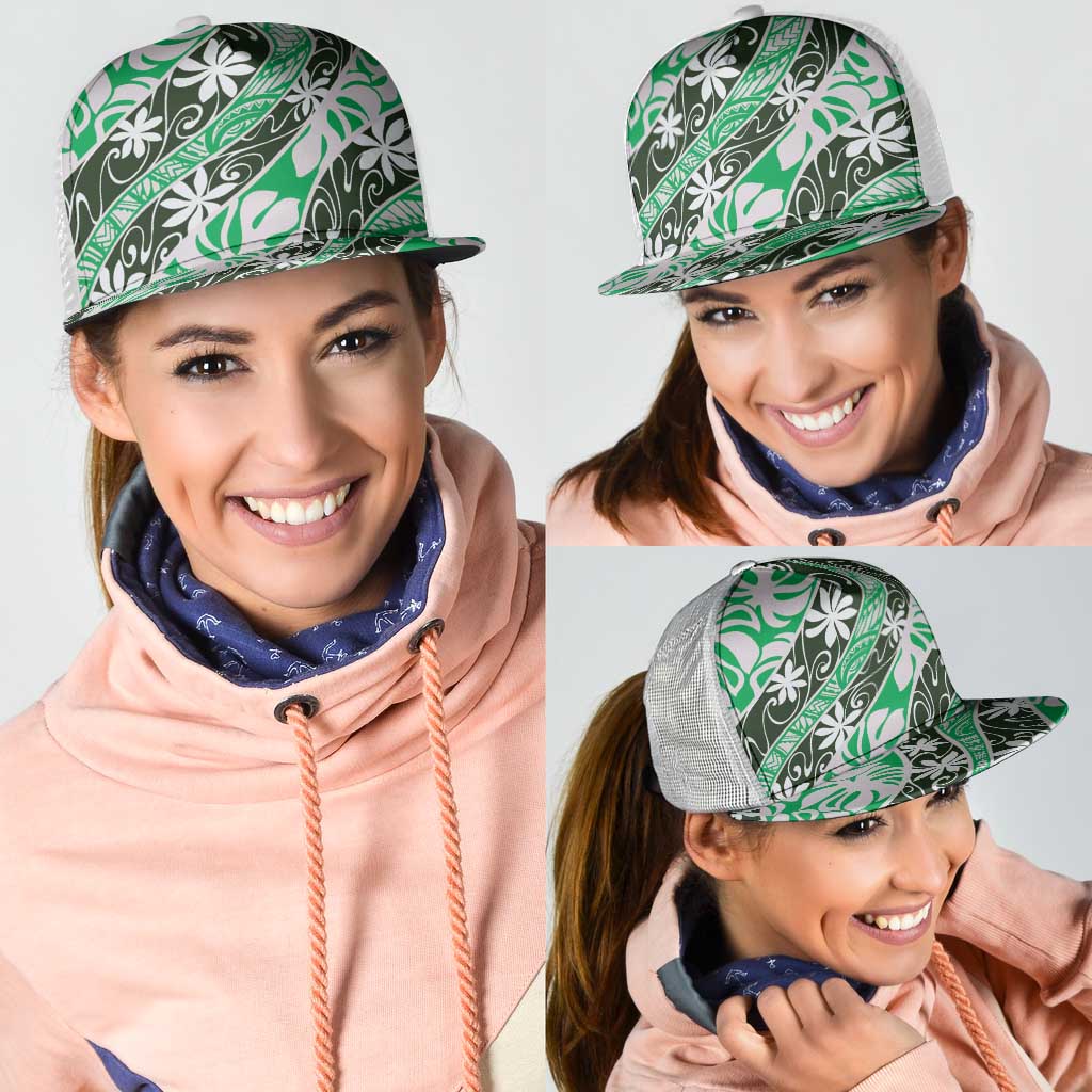Matie Tahiti Tiare Monstera Mesh Trucker Cap Polynesian Pattern Curve Style - Polynesian Pride