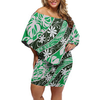 Matie Tahiti Tiare Monstera Off Shoulder Short Dress Polynesian Pattern Curve Style - Polynesian Pride