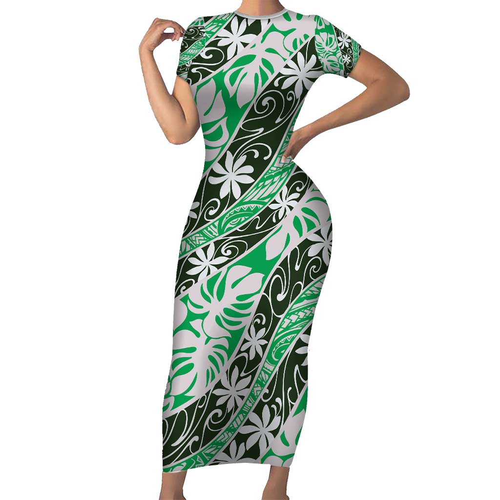 Matie Tahiti Tiare Monstera Short Sleeve Bodycon Dress Polynesian Pattern Curve Style - Polynesian Pride
