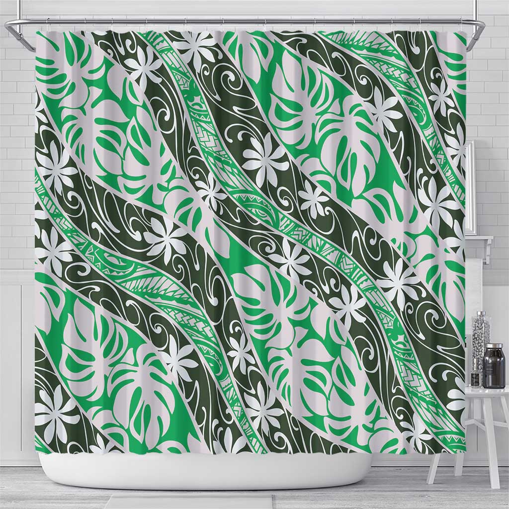 Matie Tahiti Tiare Monstera Shower Curtain Polynesian Pattern Curve Style - Polynesian Pride